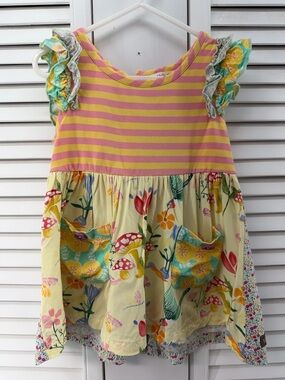Matilda Jane size 4 girls  Pink & Yellow Striped tunic Top with pockets